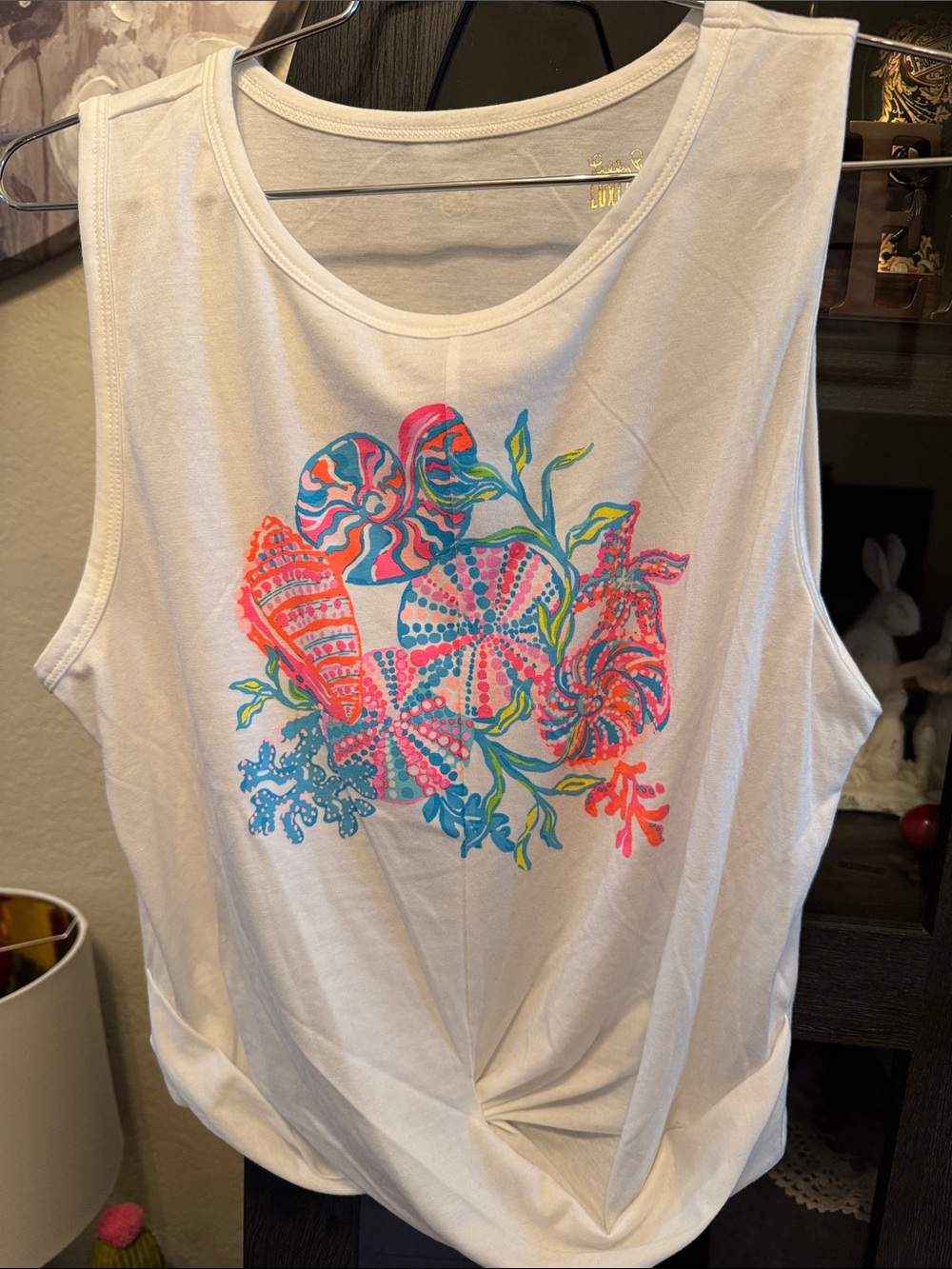 Lilly Pulitzer White Tank Top with Neon Pink, Blue & Green Shell Print